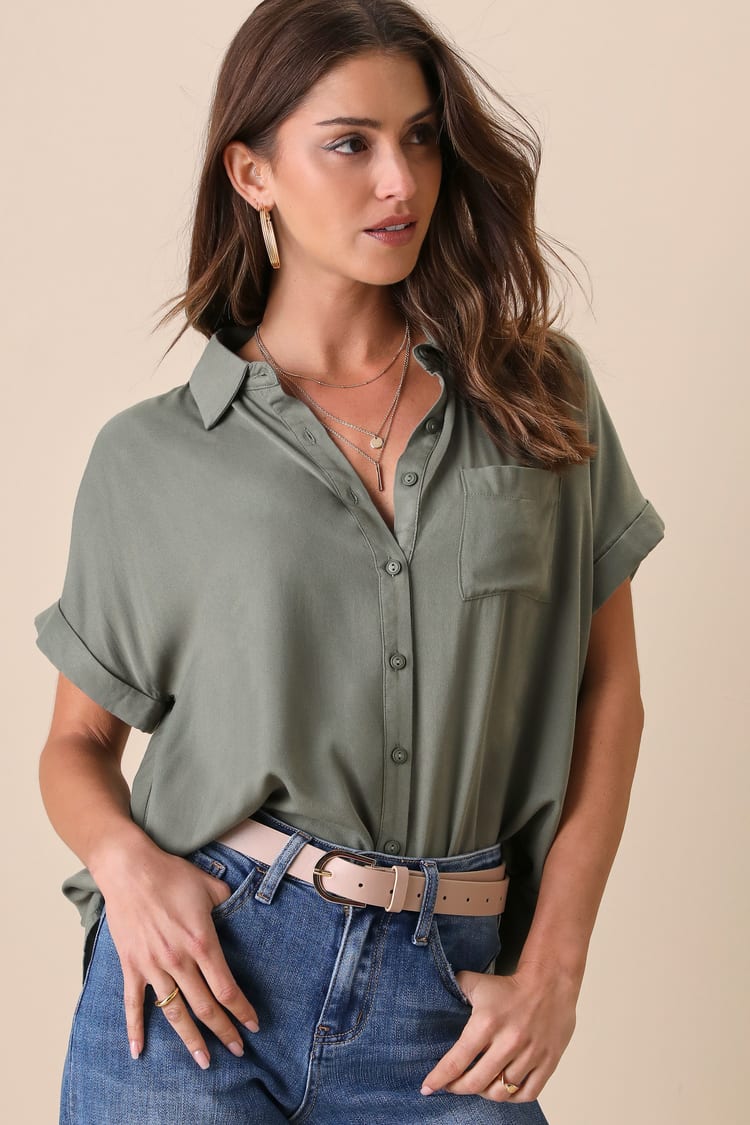 Classic Olive Green Top - Button-Up Top - Short Sleeve Top - Top - Lulus
