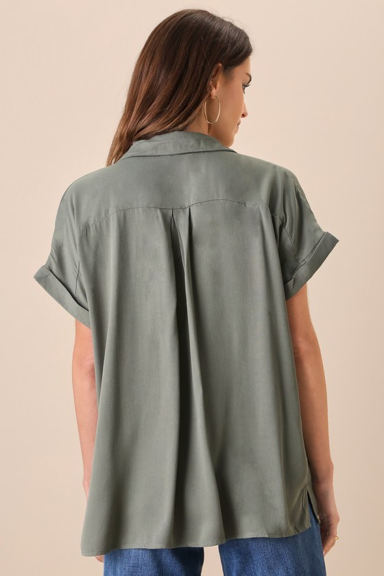 Olive green short sleeve button best sale up