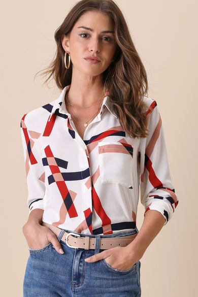 Long Sleeve Collared Button Down Knit Ribbed Printed Top, Long Sleeve Tops