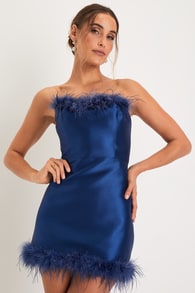 Loving Every Moment Blue Taffeta Strapless Feather Mini Dress