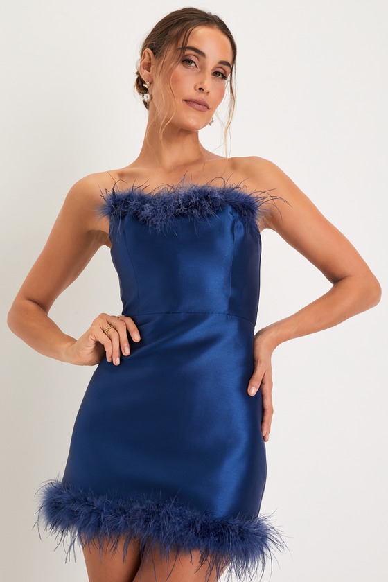 Blue Taffeta Mini Dress - Strapless Mini Dress - Feather Dress - Lulus