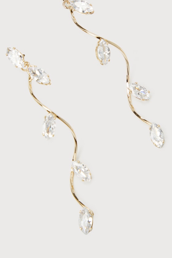Lulus Tenderly Twining Gold Rhinestone Twisted Leaf Drop Earrings