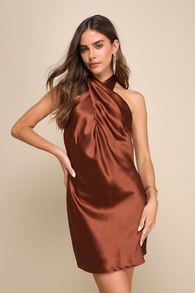 Beyond Classy Brown Satin Halter Mini Dress
