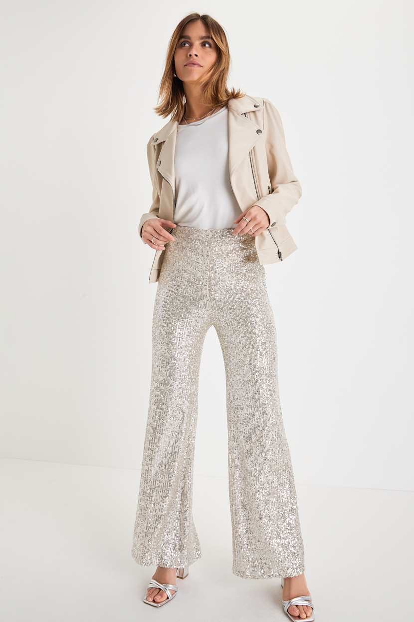 Wide Leg Sequin Pants Sparkly Session Beige Sequin High Rise Wide