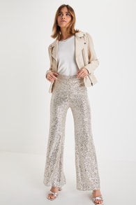 Sparkly Session Beige Sequin High Rise Wide-Leg Trousers