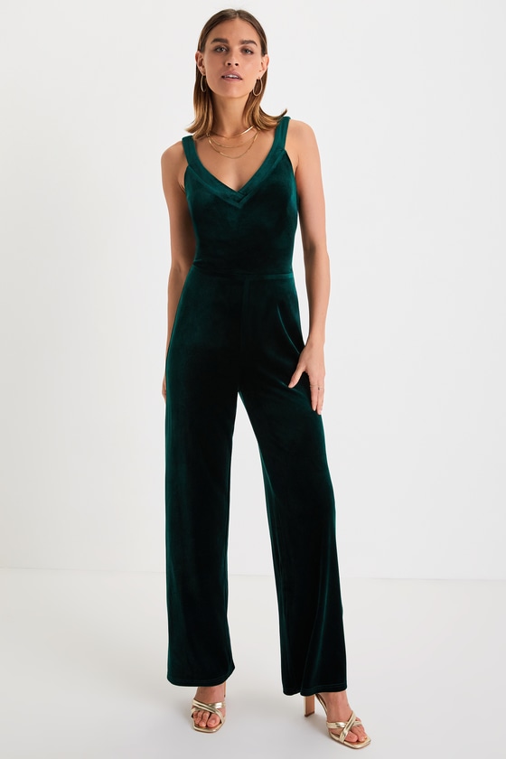 Lulus Perfectly Classy Emerald Green Velvet Strappy Jumpsuit