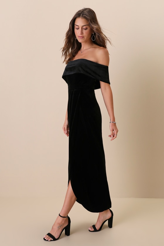 I'm Enchanted Black Velvet Off-the-Shoulder Maxi Dress