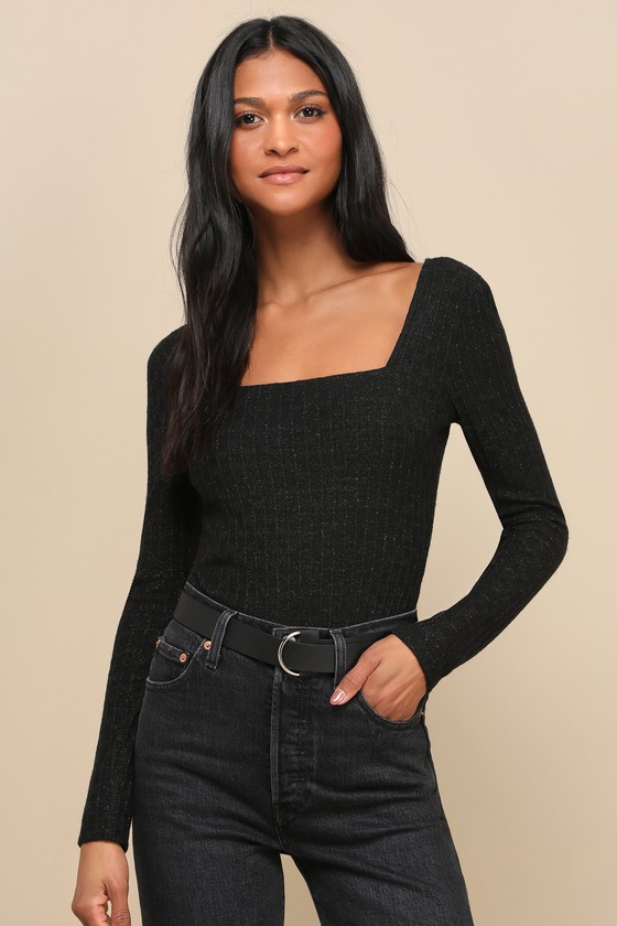 Effortless Glimmer Black Ribbed Knit Lurex Square Neck Bodysuit 1