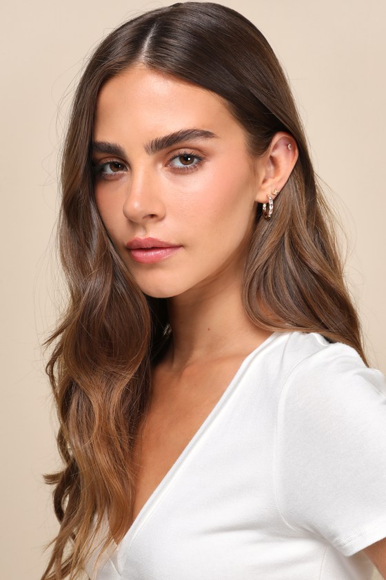 Lulus Subtly Chic Gold Rhinestone Clicker Hoop Earrings