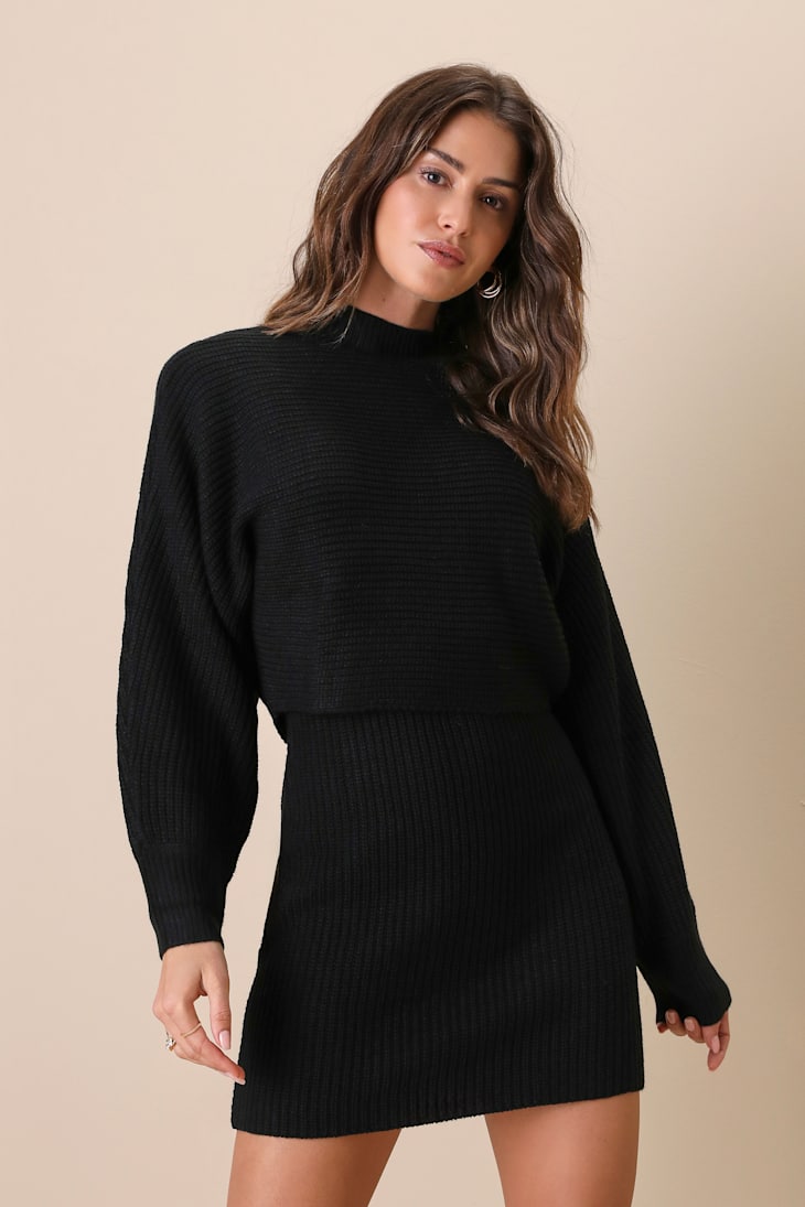 Toasty Times Black Long Sleeve Two-Piece Sweater Dress