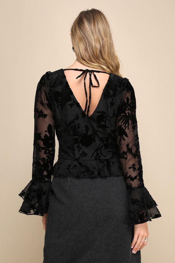 Black Burnout Velvet Top - Floral Long Sleeve Top - Ruffled Top - Lulus