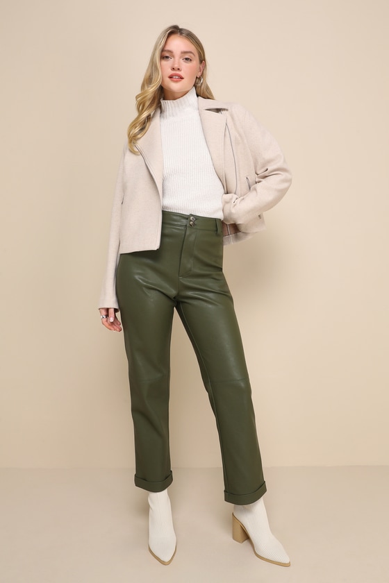 Effortless Edge Olive Green Vegan Leather Straight Leg Pants 1