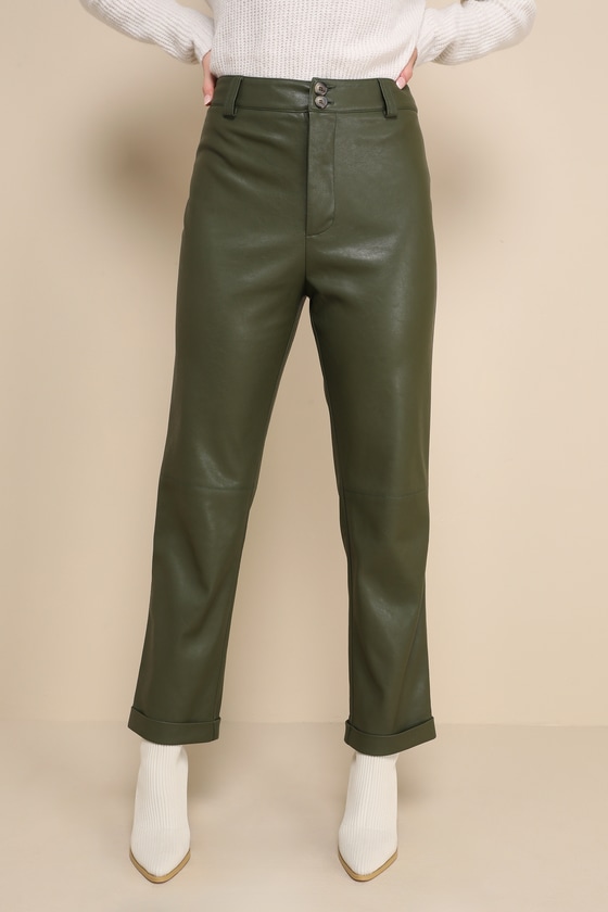 Green Straight Leg Pants - Vegan Leather Pants - High-Rise