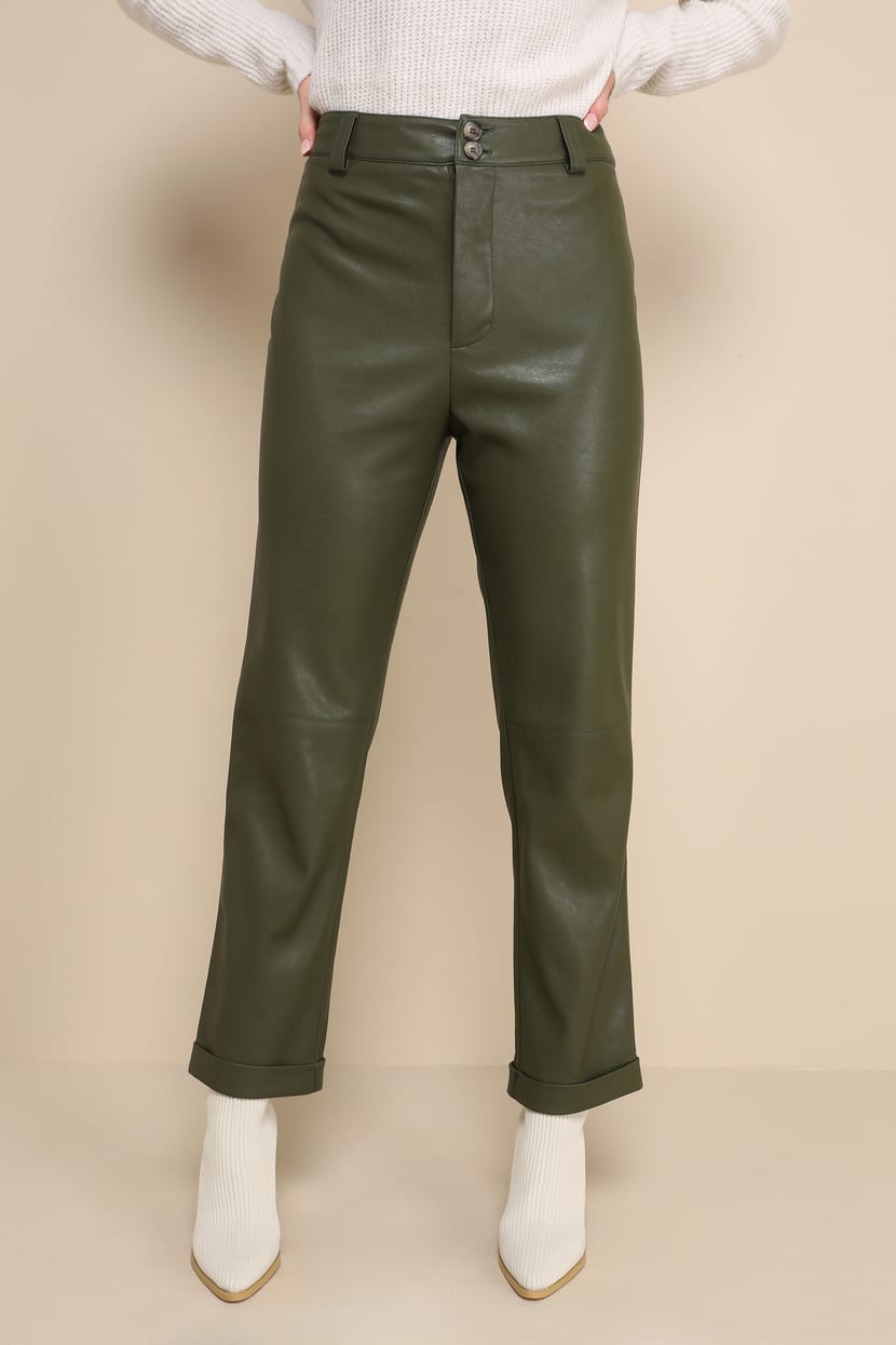 Green Straight Leg Pants - Vegan Leather Pants - High-Rise Pants