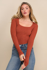 Have It All Rust Brown Textured Long Sleeve Top
