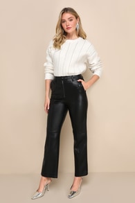 Elevated Option Black Vegan Leather Zip-Front Straight Leg Pants