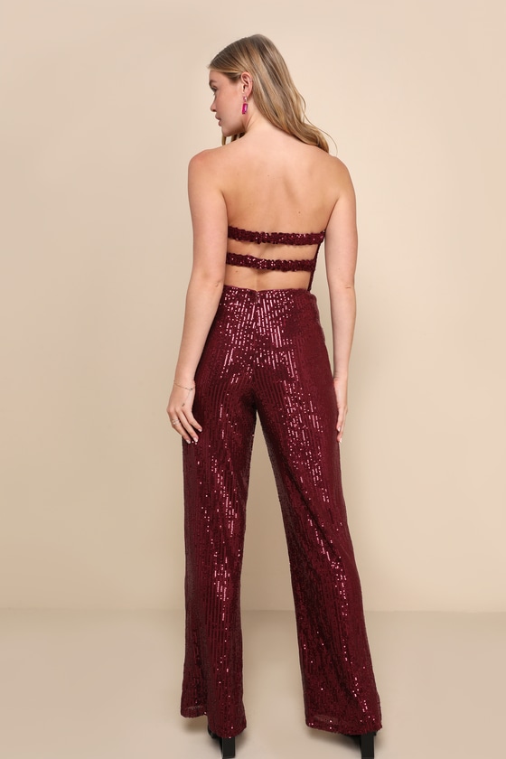 Glorious Vision Wine Red Sequin Strapless Wide-Leg Jumpsuit 8