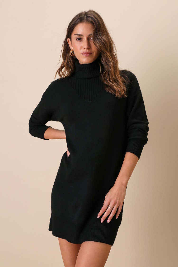Frosty Forecast Black Turtleneck Long Sleeve Sweater Dress Lulus