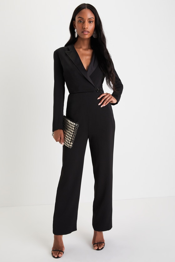 Black Collared Jumpsuit Straight Leg Jumpsuit Wrap Jumpsuit Lulus