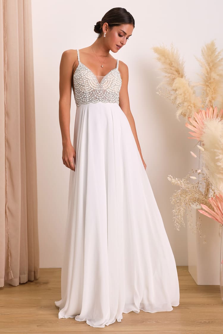 White Beaded Rhinestone Maxi Dress | Womens | XX-Small (Available in M) | 100% Polyester | Lulus