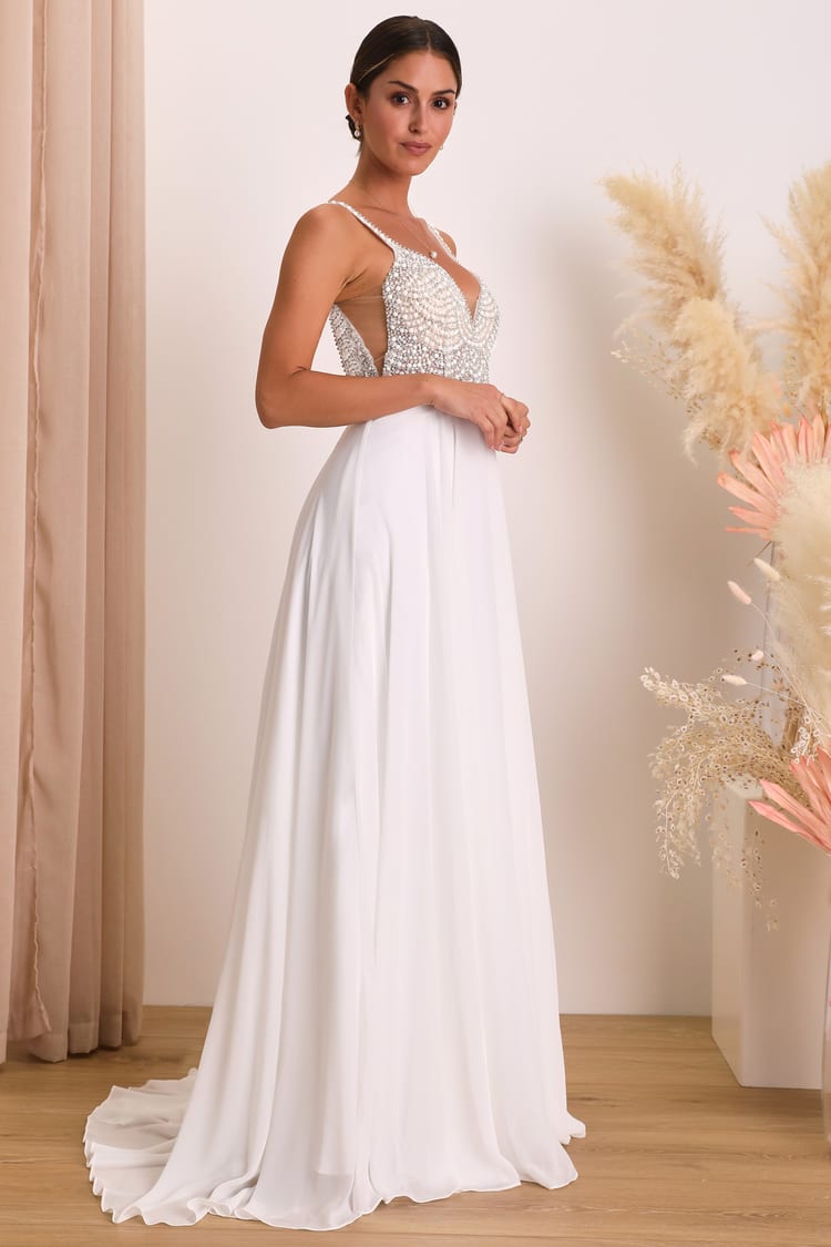 True Love White Beaded Rhinestone Maxi Dress