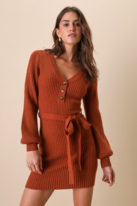 Cozy Charmer Rust Brown Long Sleeve Mini Sweater Dress