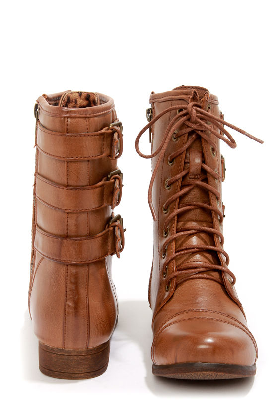 Madden Girl Ginghamm Cognac Buckled and Lace-Up Combat Boots