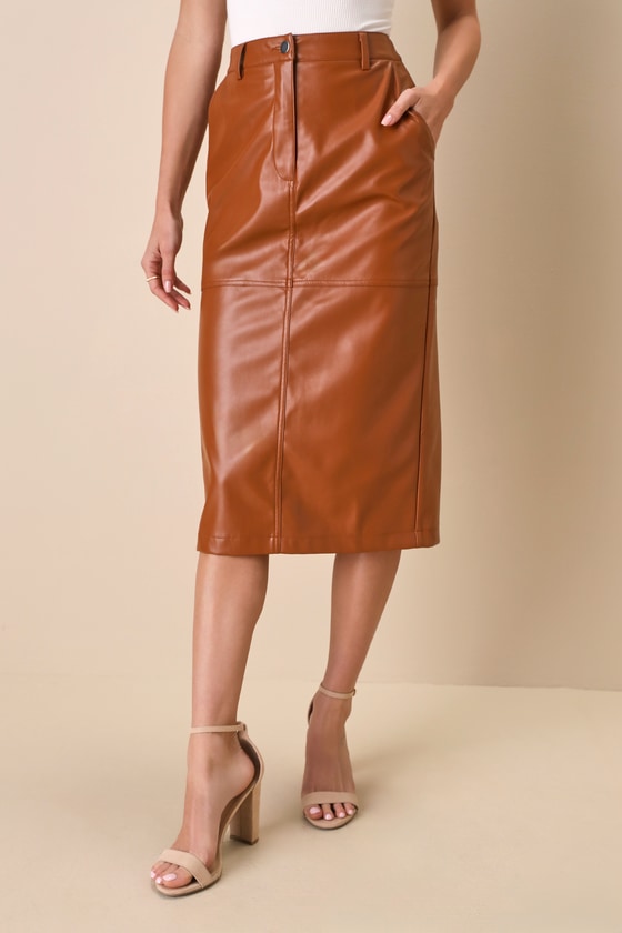 Brown Vegan Leather Skirt - Trendy Midi Skirt - High-Rise Skirt - Lulus