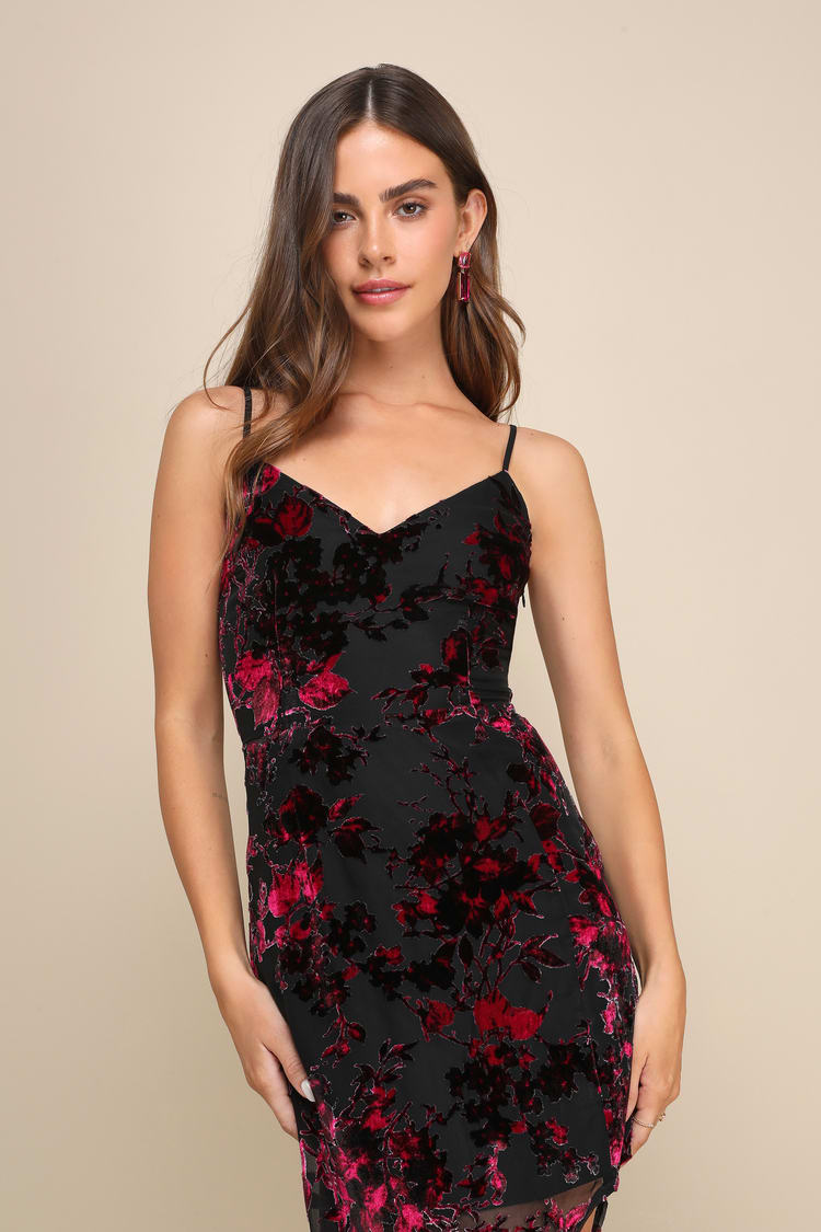Evenings with You Black Multi Floral Velvet Asymmetrical Dress