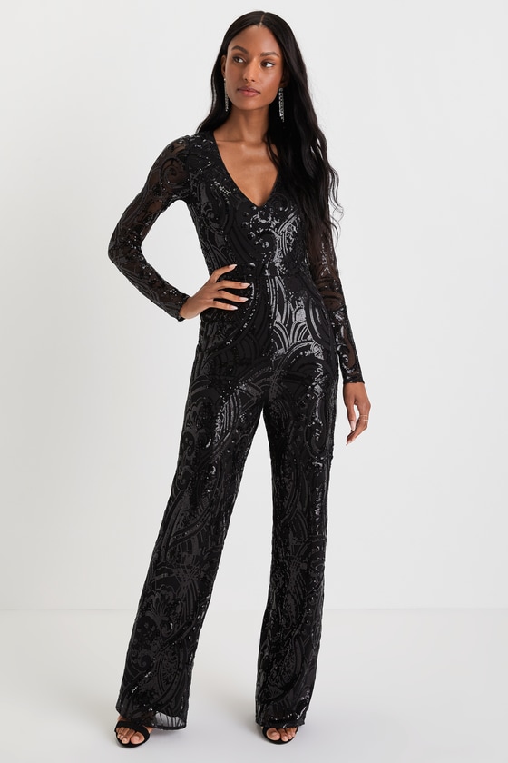 Lulus Undeniable Radiance Black Mesh Sequin Long Sleeve Jumpsuit