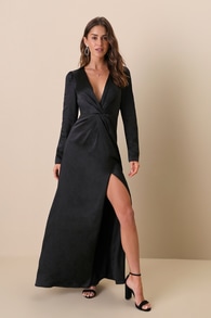Endearing Elegance Black Satin Long Sleeve Maxi Dress
