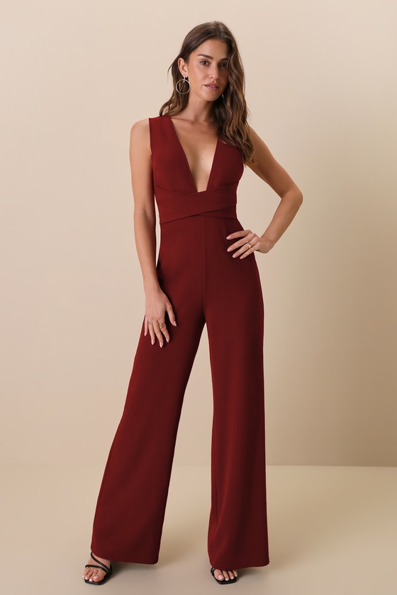 Make Memories Burgundy Plunge Sleeveless Wide-Leg Jumpsuit 5