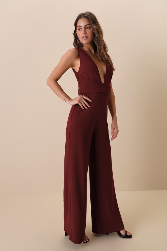 Make Memories Burgundy Plunge Sleeveless Wide-Leg Jumpsuit 8
