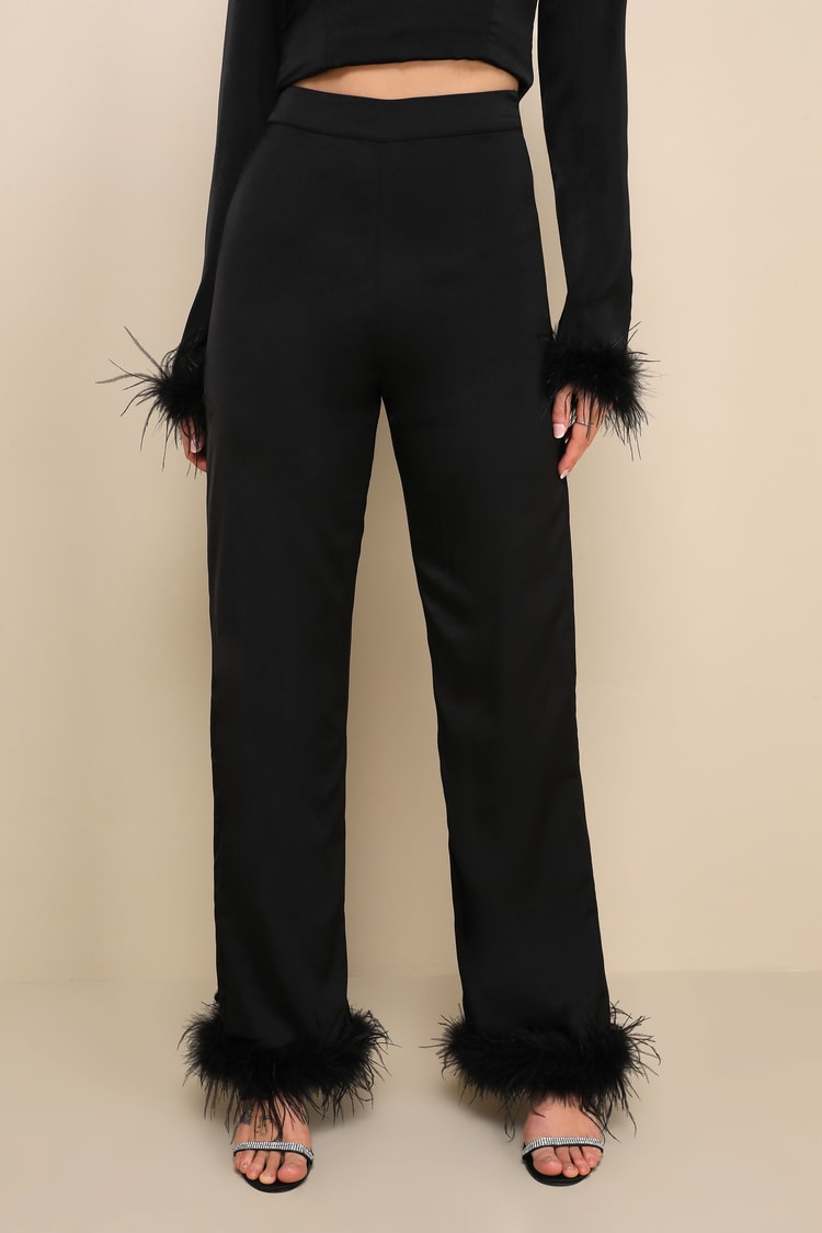 Black Satin High-Rise Wide-Leg Feather Pants | Womens | X-Small (Available in M, L) | 100% Polyester | Lulus | Holiday