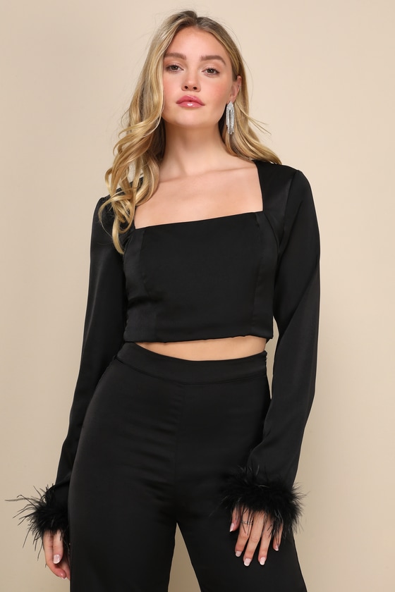 Lulus Premium Aura Black Satin Feather Long Sleeve Crop Top
