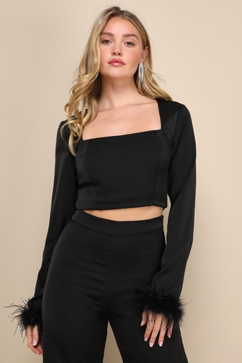 Sleek Relief Black Satin Feather Long Sleeve Crop Top 4