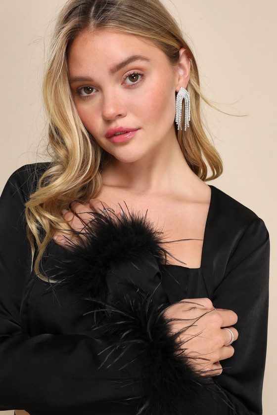 Premium Aura Black Satin Feather Long Sleeve Crop Top - thumbnail 4