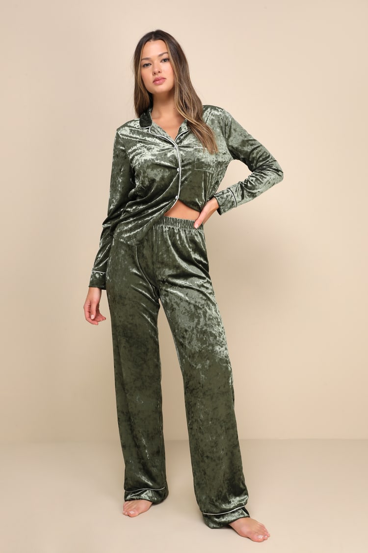 Blissful Slumber Olive Green Crushed Velvet Two-Piece Pajama Set
