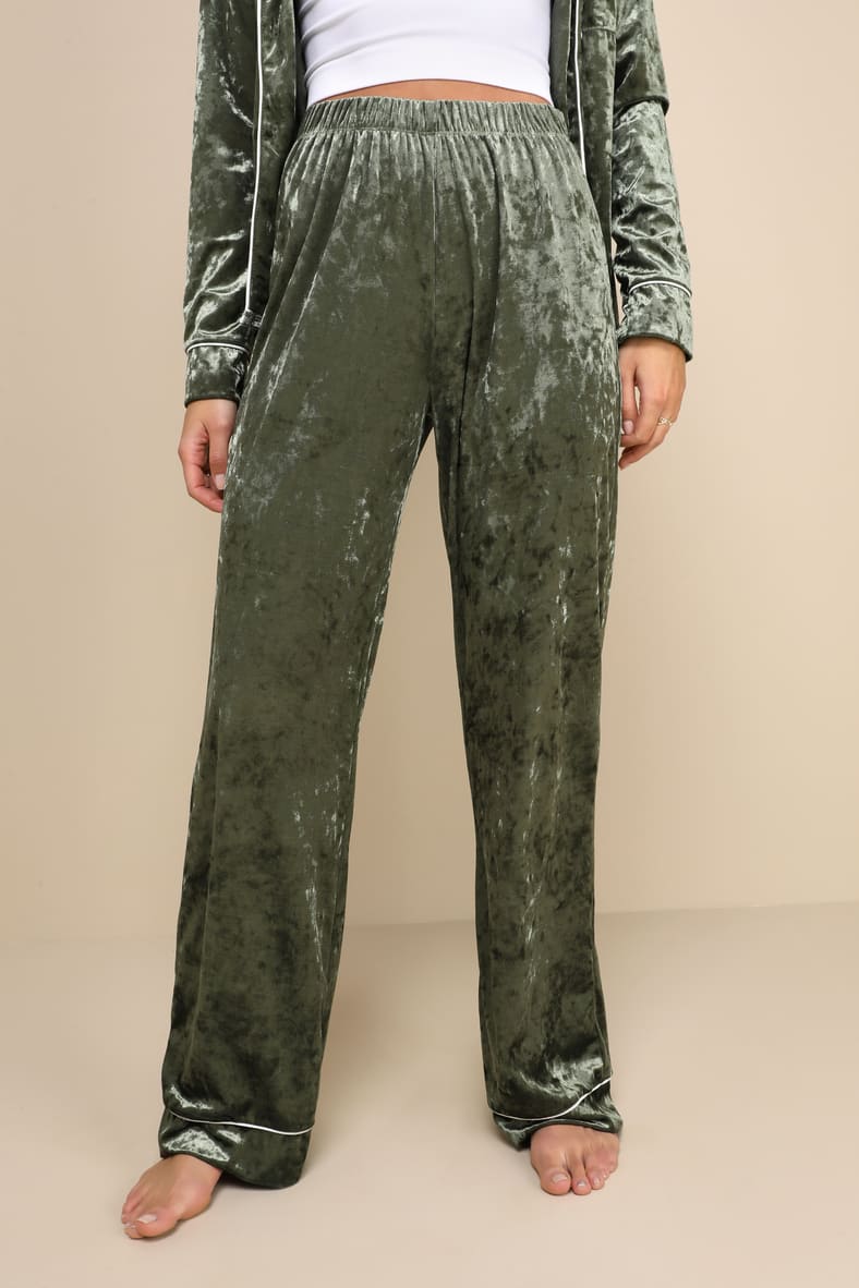 Blissful Slumber Olive Green Crushed Velvet Two-Piece Pajama Set