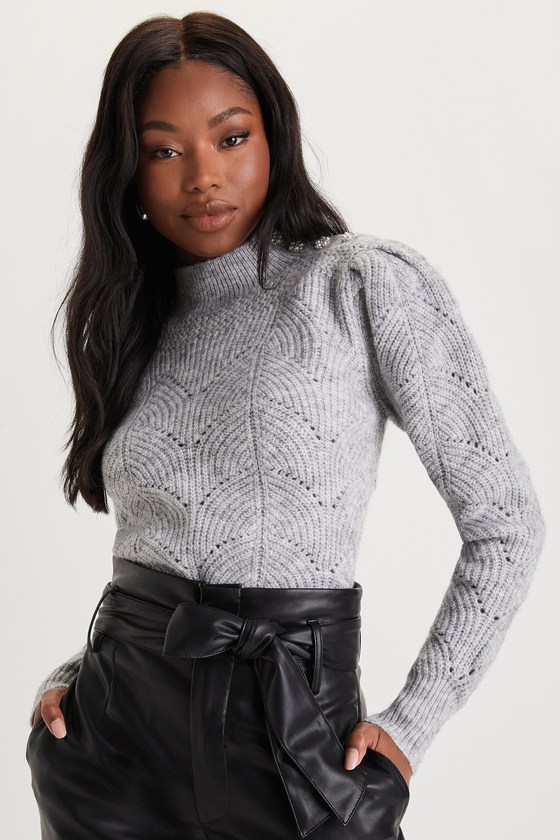 Heather Grey Sweater - Pointelle Knit Sweater - Mock Neck Sweater - Lulus