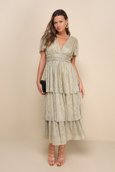 Unbelievable Glow Gold Metallic Tiered Flutter Sleeve Midi Dress