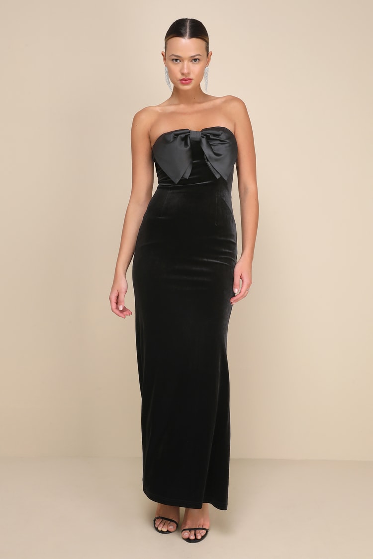 chinese dress ladies Strapless Black Tiered A-line Long Dress with Bow – PollyBoutique