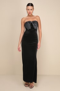 Dramatic Stunner Black Velvet Bow Strapless Maxi Dress 1