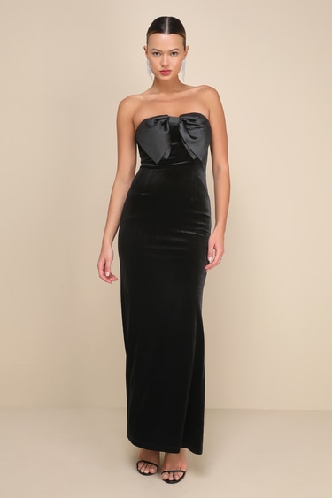 Dramatic Stunner Black Velvet Bow Strapless Maxi Dress
