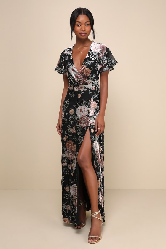 Lulus Adorable Status Black Floral Velvet Burnout Tie-back Maxi Dress