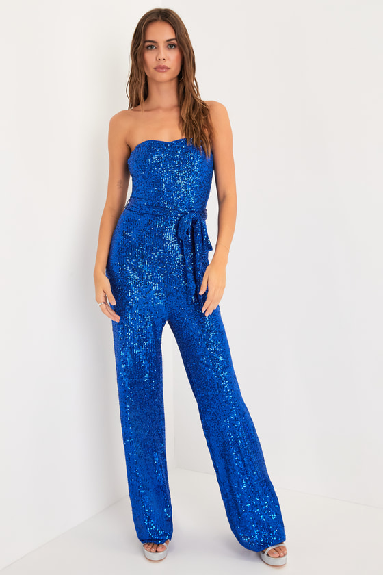 Sequin Jumpsuit - Blue Strapless Jumpsuit - Wide-Leg Jumpsuit - Lulus