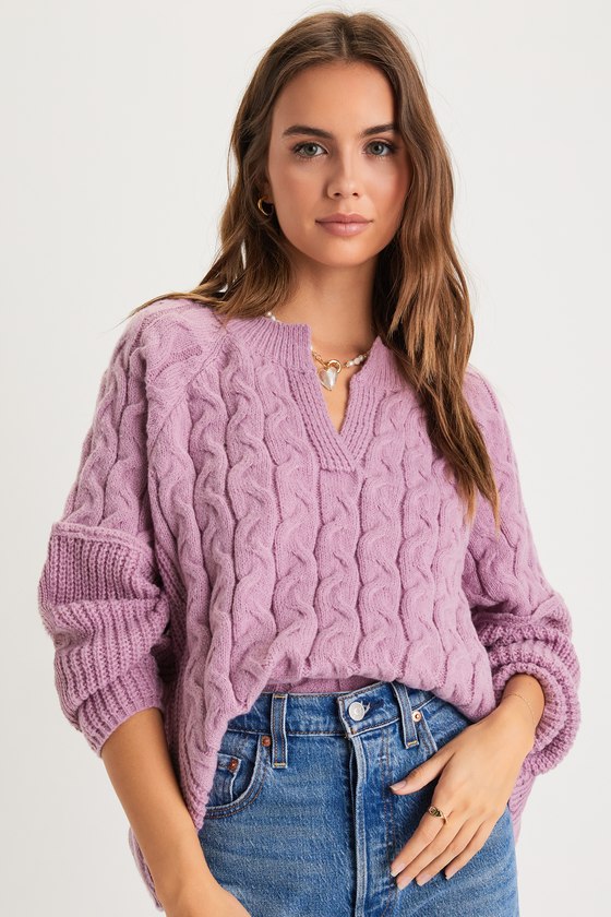 Toasty Charm Lavender Cable Knit Notched Oversized Sweater 1