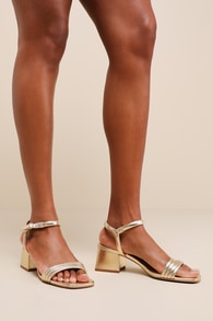 Luster Gold Leather Low Heel Ankle Strap Sandals