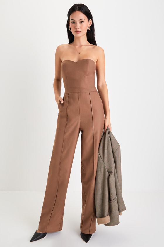 Lulus Superior Style Brown Strapless Wide-leg Jumpsuit