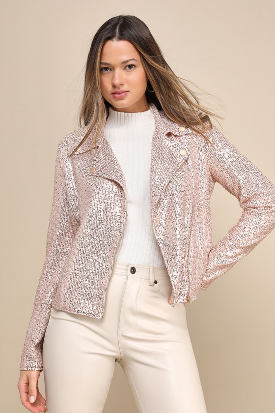 Lulus Shiny Behavior Rose Gold Sequin Moto Jacket